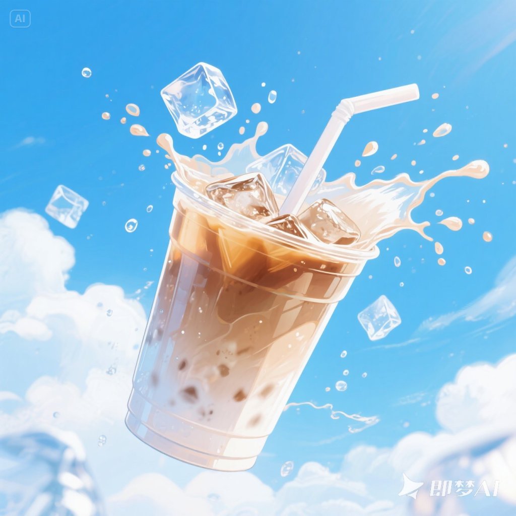 jimeng-2025-05-25-631-夏天的冰爽奶茶，奶茶有飞出效果，手绘风格.jpeg