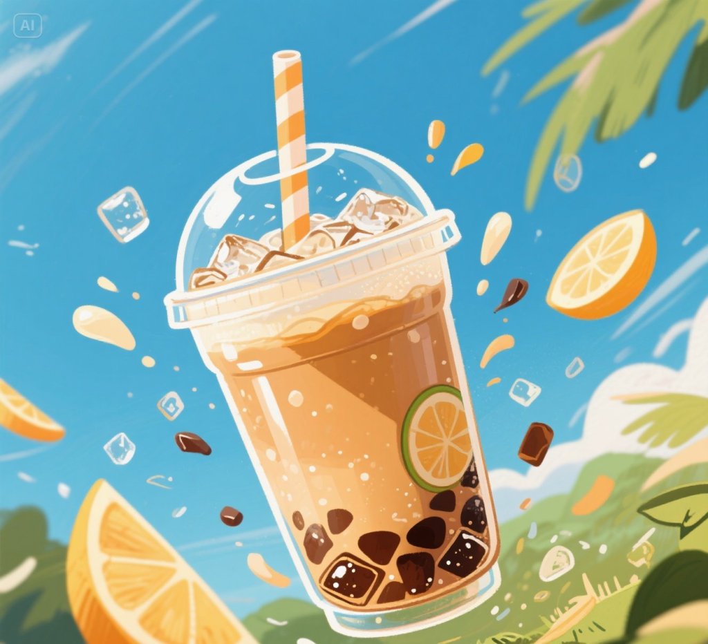 jimeng-2025-05-25-630-夏天的冰爽奶茶,奶茶有飞出效果,手绘风格.jpeg