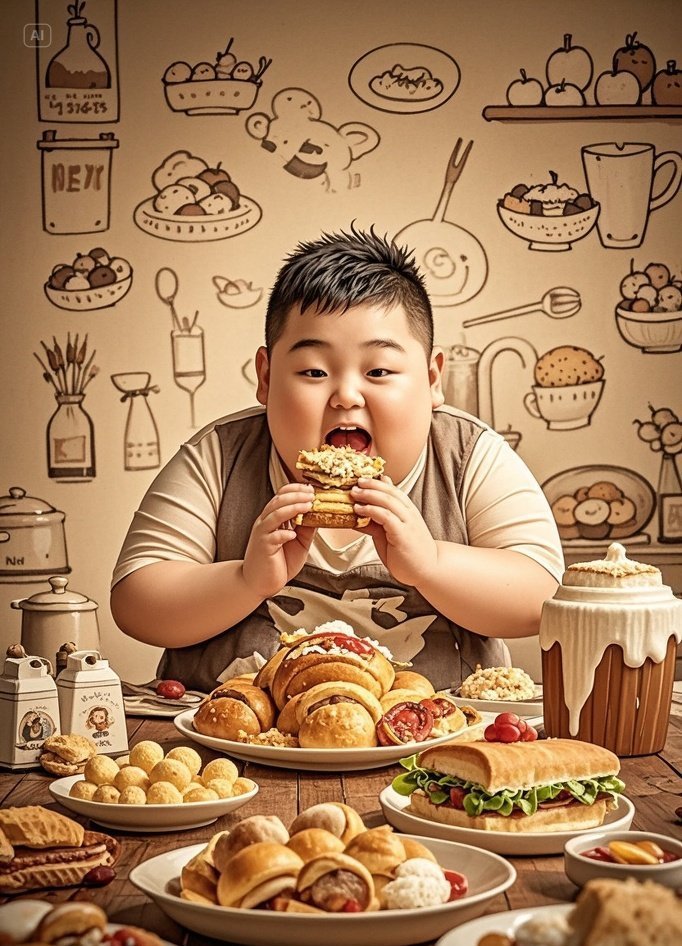 jimeng-2025-05-29-462-小朋友一直在吃，儿童、青少年体型都偏胖，手绘风格.jpeg