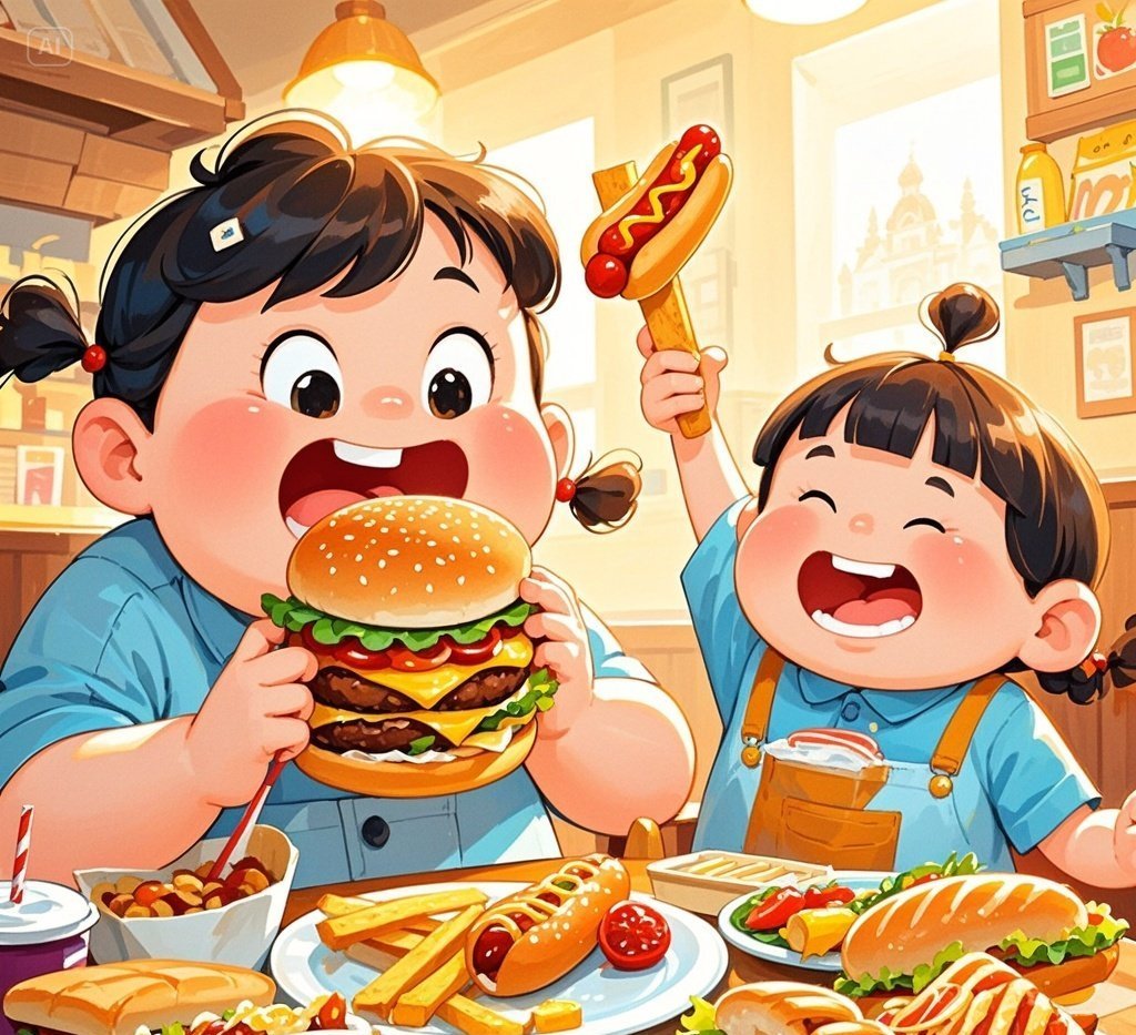 jimeng-2025-05-29-457-小朋友一直在吃，小朋友体型都偏胖，手绘风格.jpeg