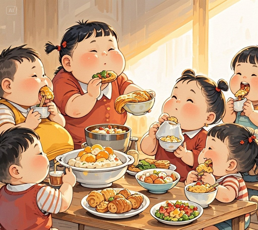 jimeng-2025-05-29-458-小朋友一直在吃，小朋友体型都偏胖，手绘风格.jpeg