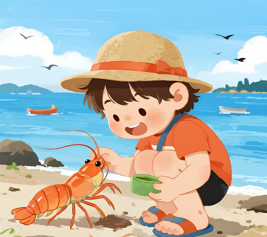 jimeng-2025-06-23-2622-夏天，海边抓皮皮虾，手绘.jpeg
